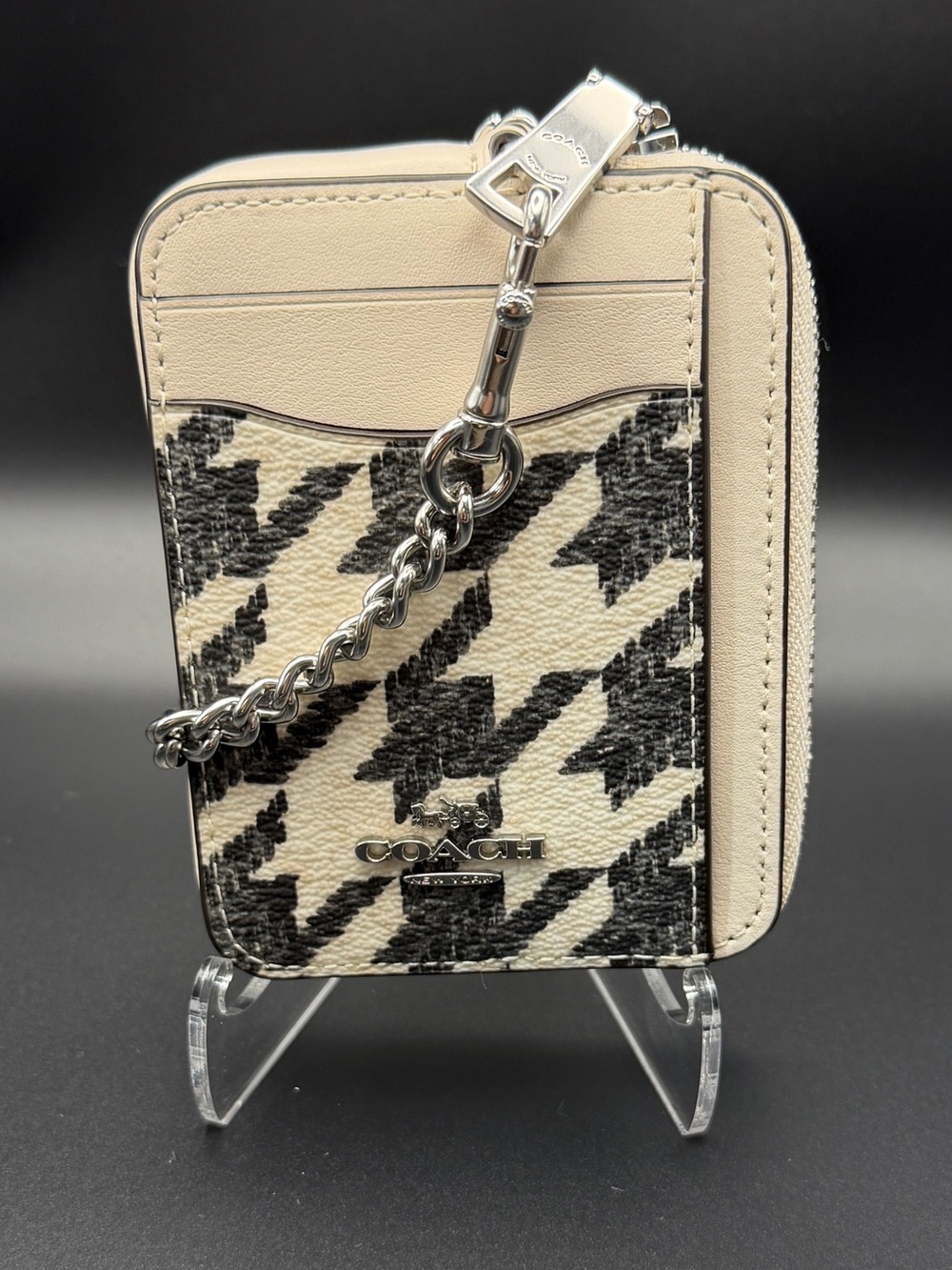 Coach Black and Cream Houndstooth Zip Card Case with Chain Clip